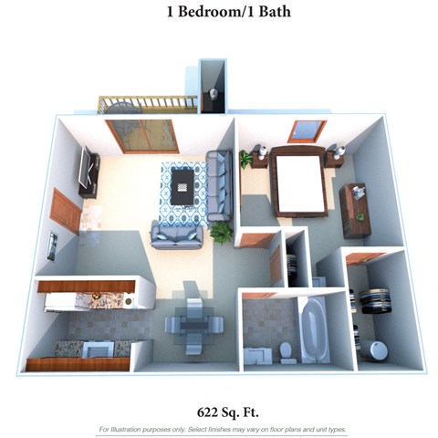 Floor plan for 1 bed, 1 bath, 622 sqft